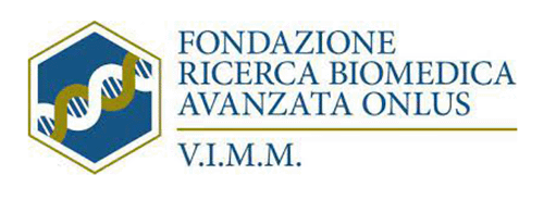 Logotipo de Fondazione Ricerca Biomedica Avanzata ONLUS V.I.M.M. con emblema hexagonal que contiene una hélice de ADN.