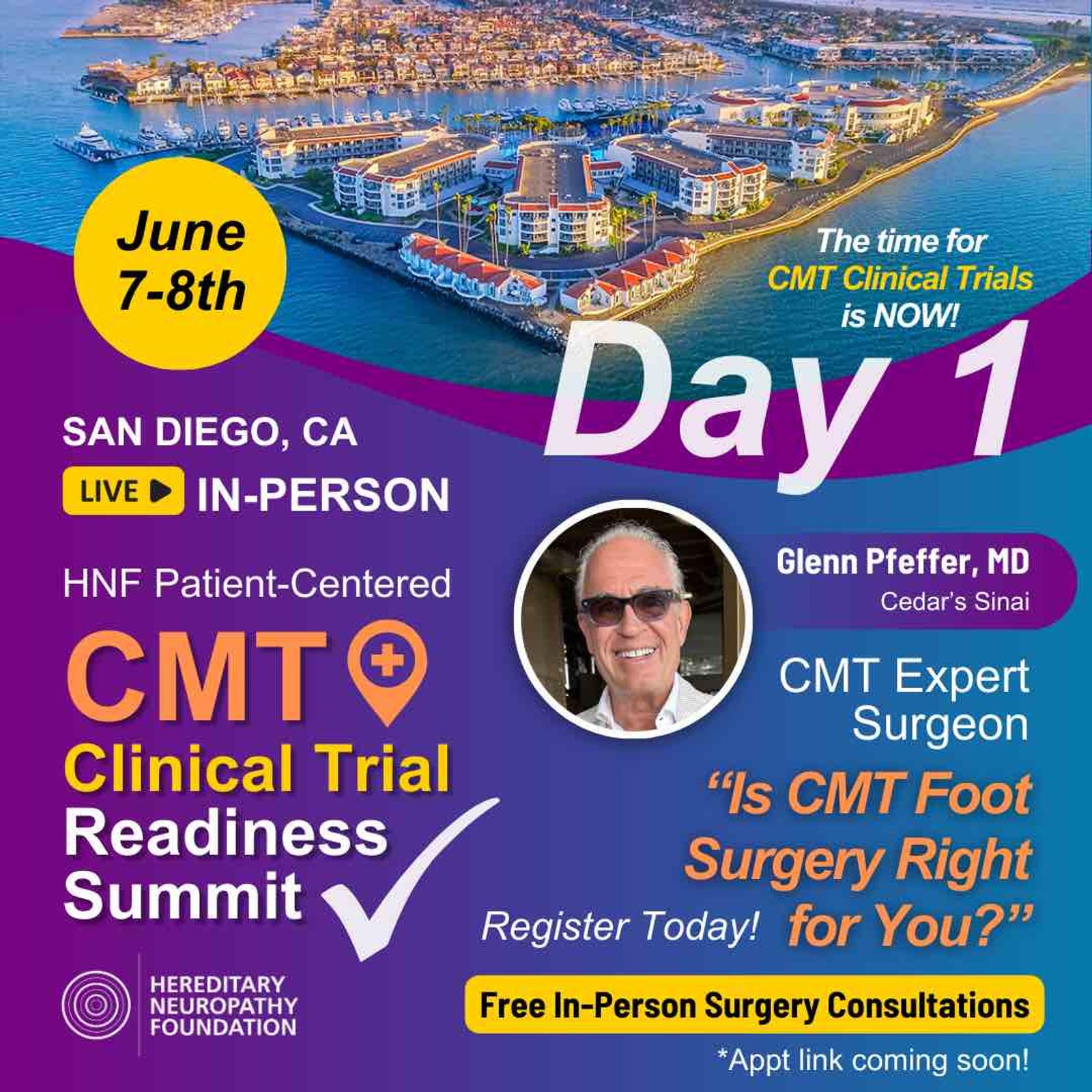 Promotional flyer for CMT Clinical Trial Readiness Summit in San Diego, June 7-8, featuring Dr. Glenn Pfeffer.