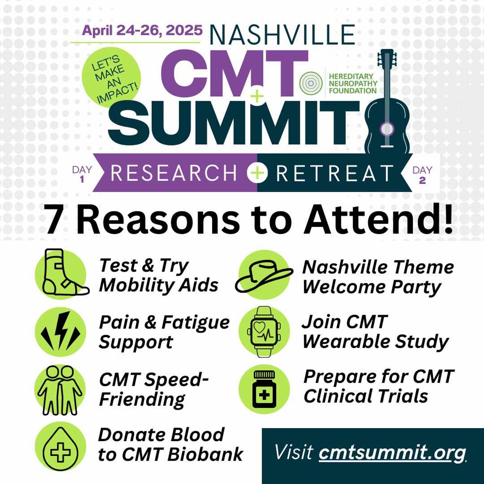 Póster del CMT Summit de Nashville del 24 al 26 de abril de 2025 con 7 razones para asistir y el sitio web cmtsummit.org