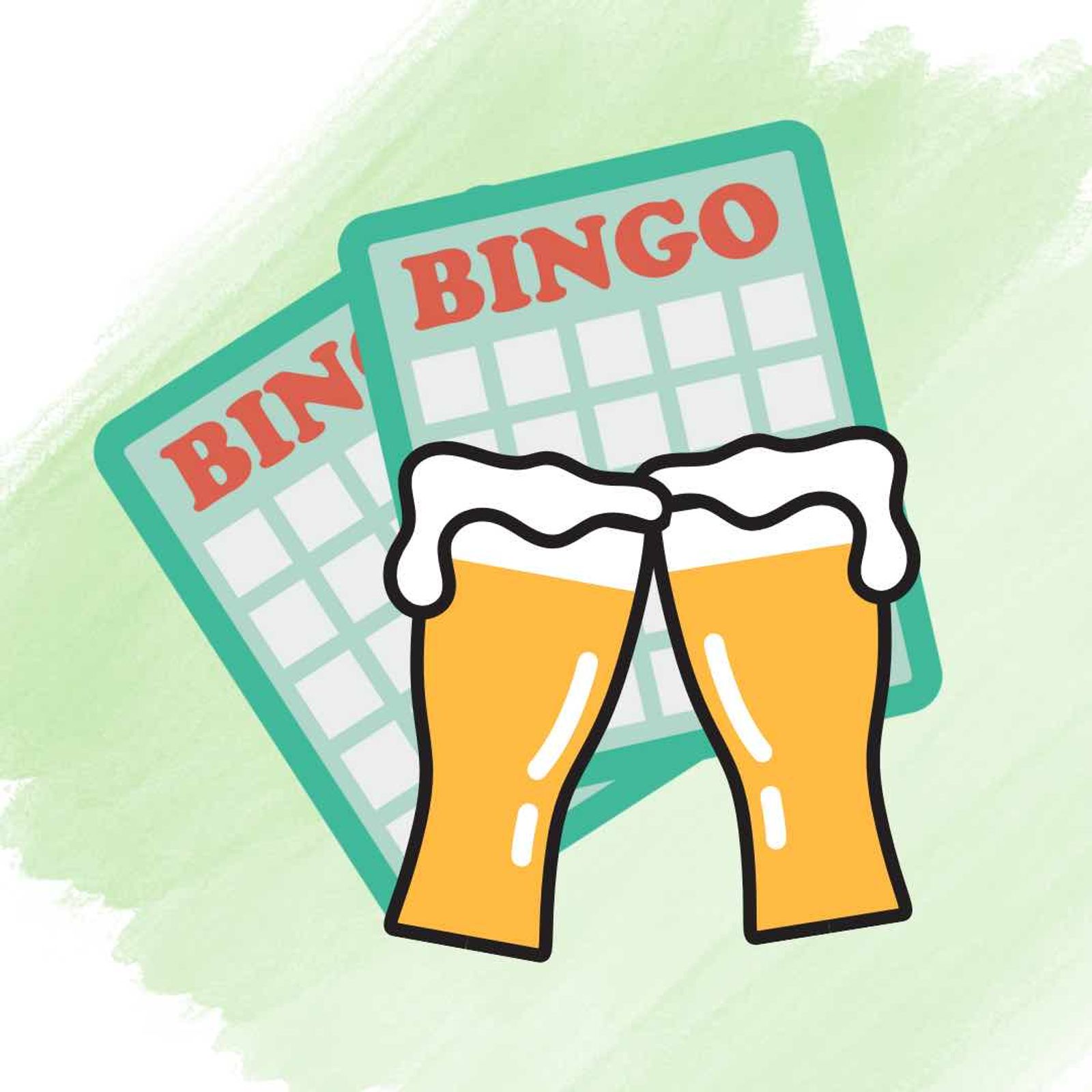 Two beer mugs clinking together in front of BINGO cards on green background