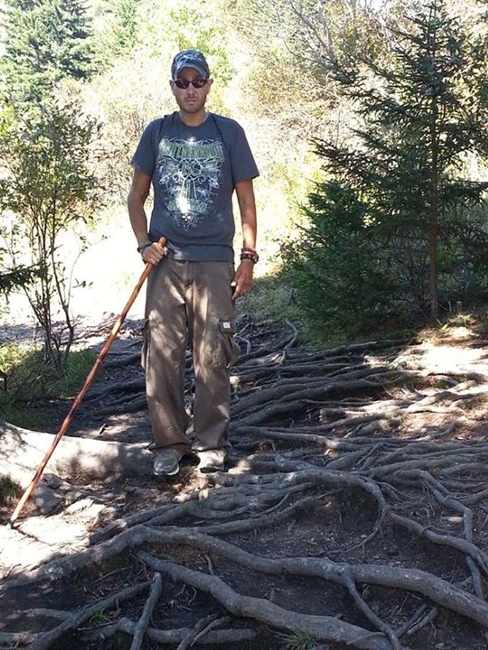 Man hiking on forest trail with walking stick among tree roots and evergreens.