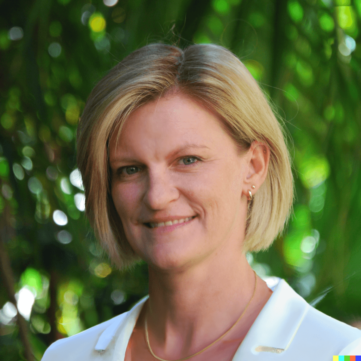 Woman with blonde shoulder-length hair smiling at camera with green foliage background