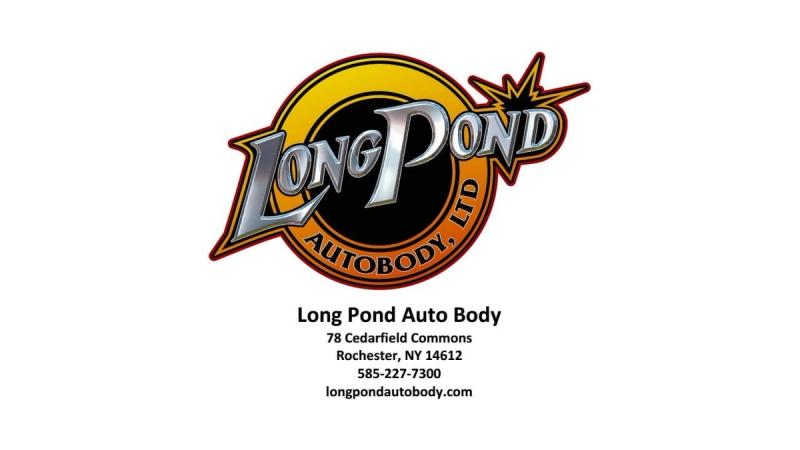 Long Pond Auto Body logo with business address and contact information in Rochester, NY.