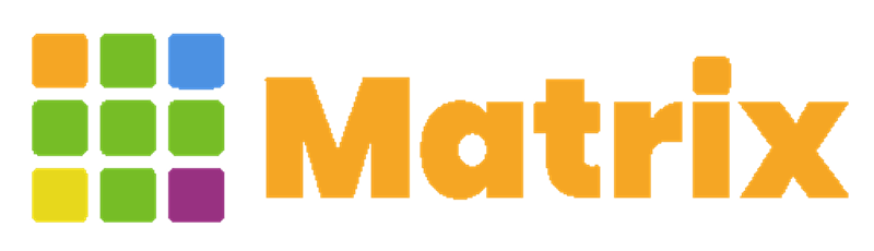 Cuadrícula colorida de 9 cuadrados junto al texto naranja que dice "Matrix"
