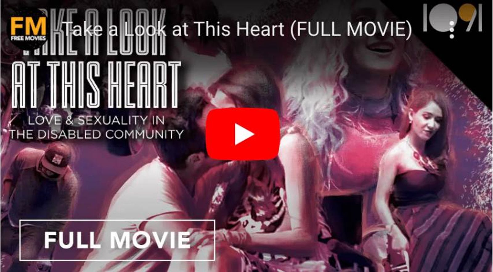 Movie poster for "Take a Look at This Heart" featuring title, subtitle about love and sexuality in disabled community, and play button overlay.