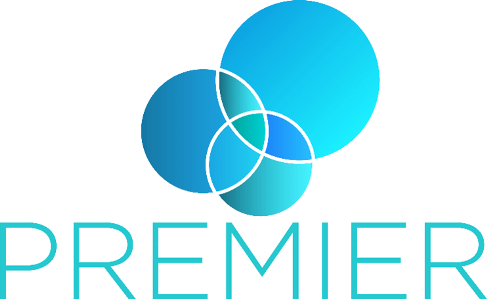 Premier logo with three overlapping cyan and blue circles above teal text