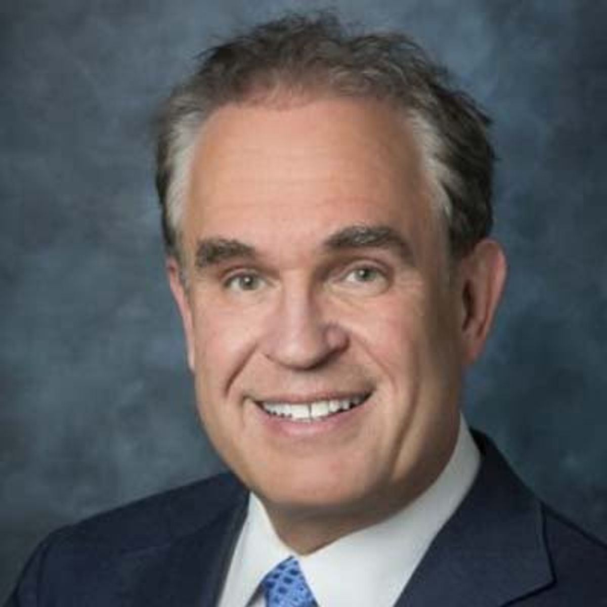 Retrato profesional de un hombre de mediana edad con traje oscuro y corbata azul sobre fondo azul grisáceo.