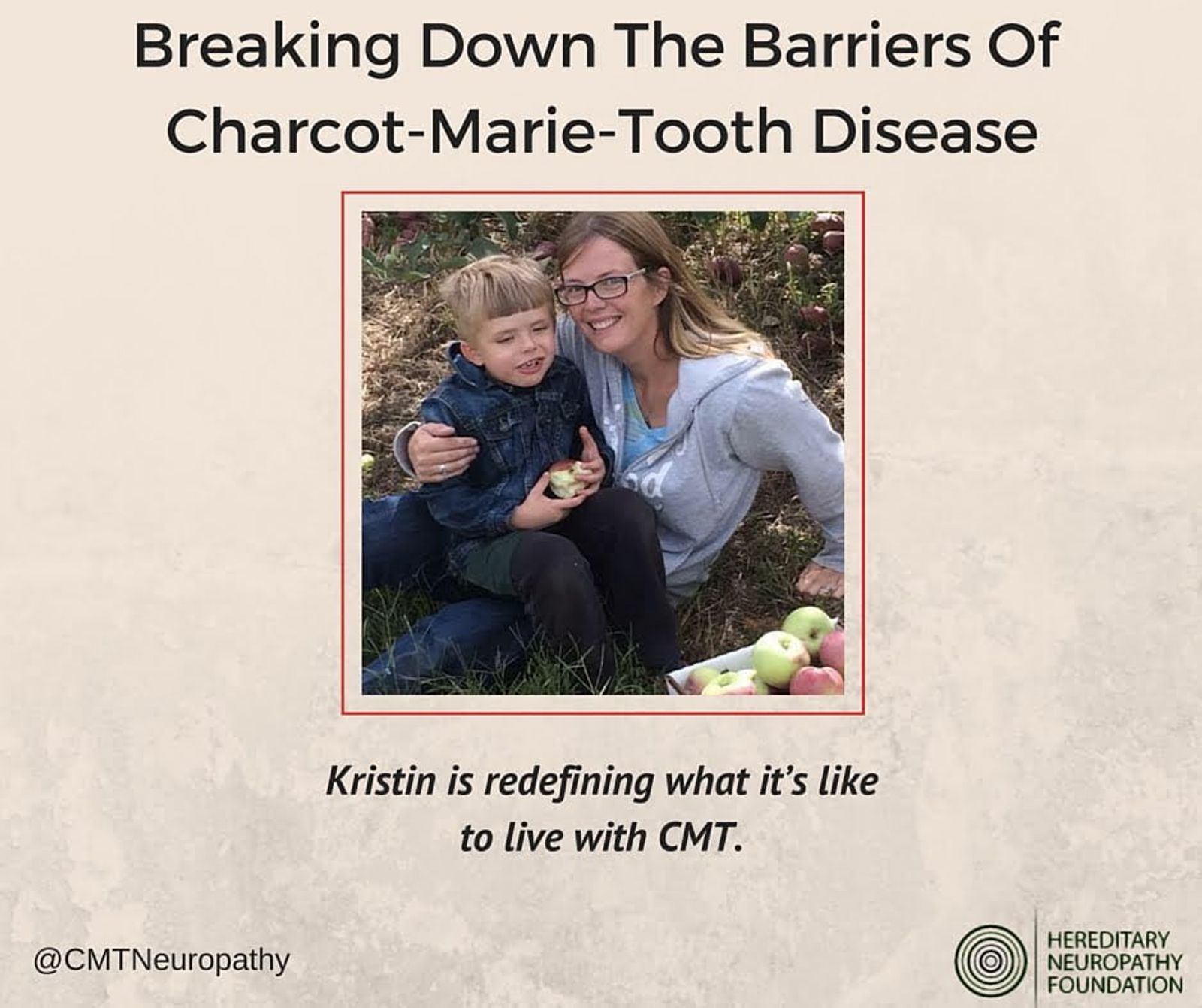 Woman and young child sitting outdoors, title "Breaking Down The Barriers Of Charcot-Marie-Tooth Disease"
