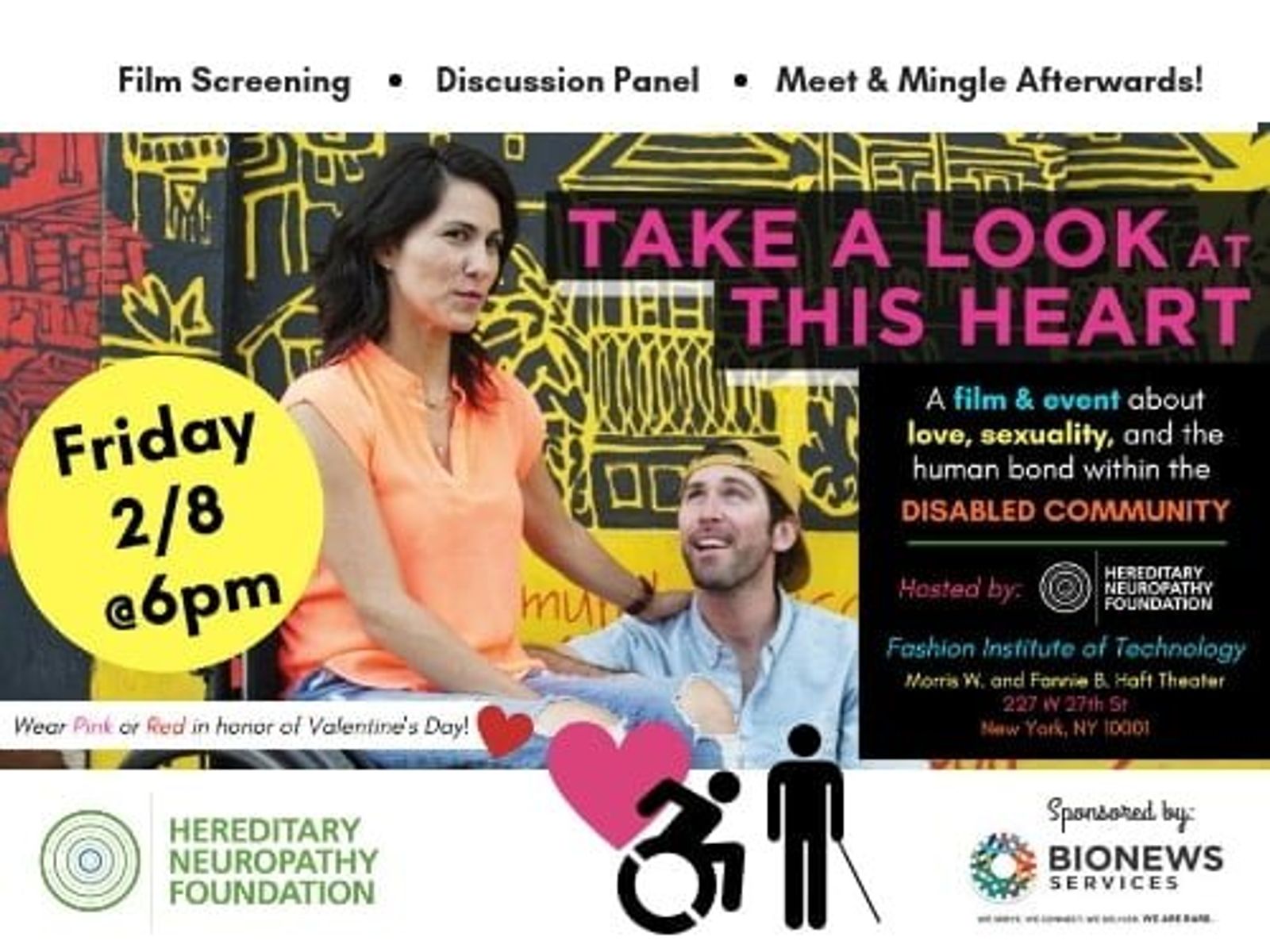 Event poster for "Take a Look at This Heart" film screening Friday 2/8 at 6pm featuring two people and disability representation symbols.