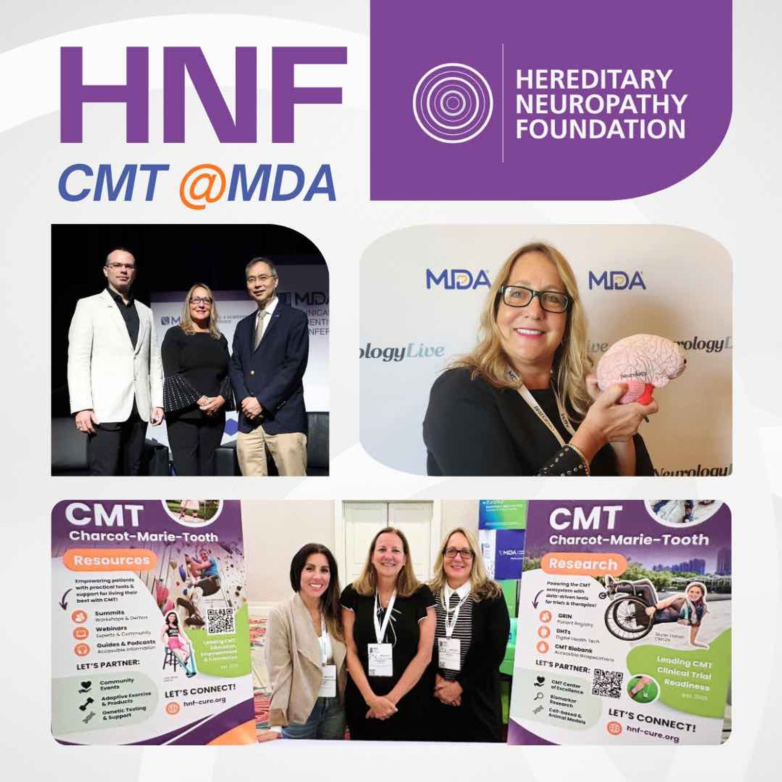 HNF CMT@MDA and Hereditary Neuropathy Foundation logos with four photos of people at medical conferences and events.