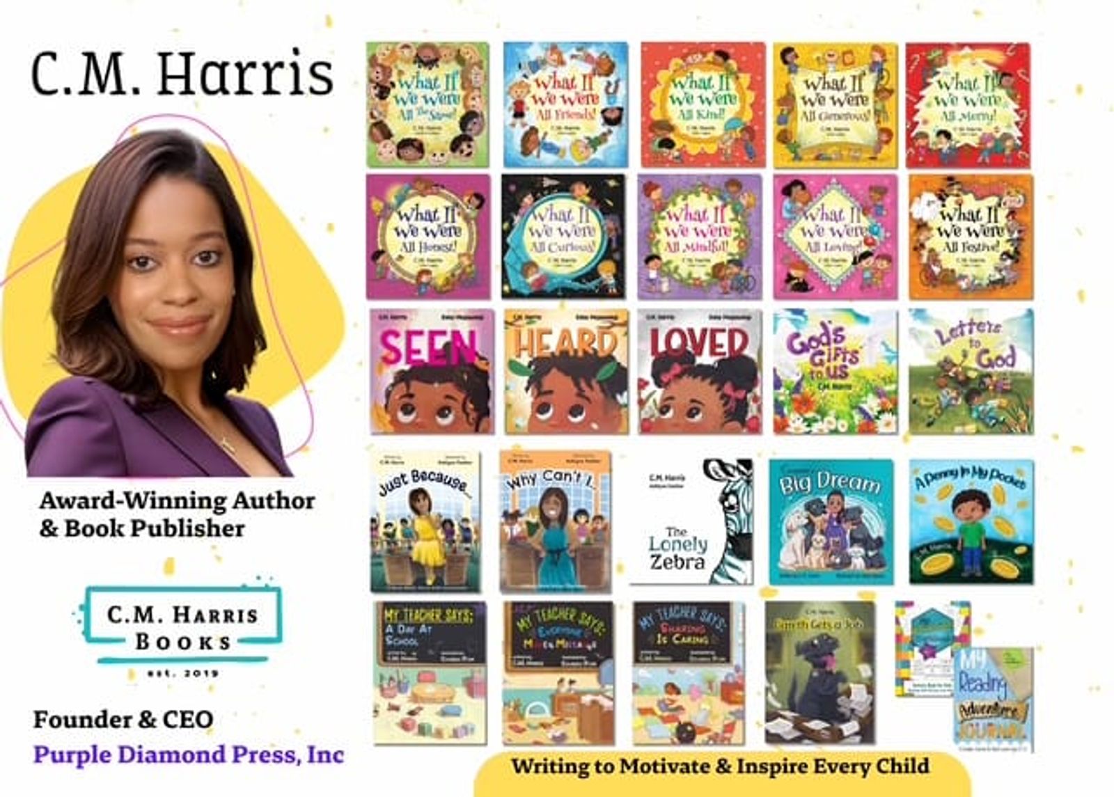C.M. Harris, award-winning author and publisher, with collection of children's books displayed.