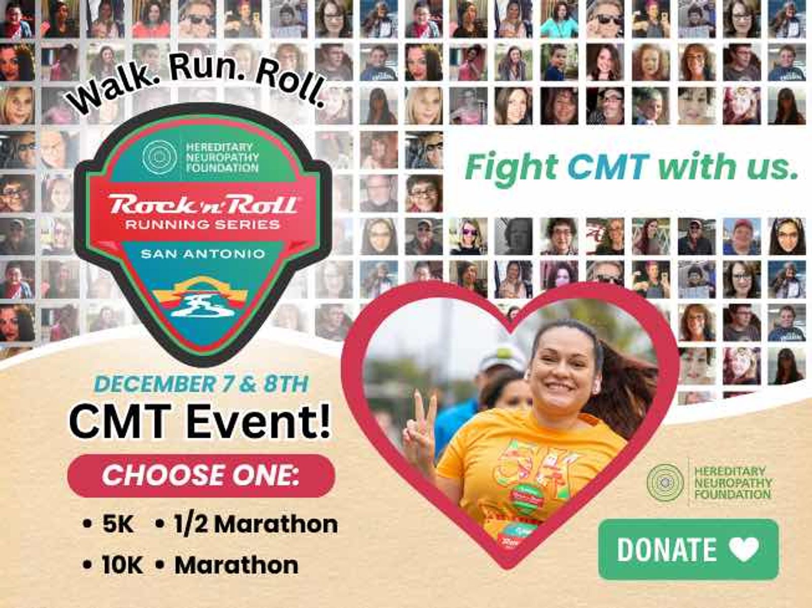 Rock 'n' Roll Running Series San Antonio CMT event poster with participant photos and race options.