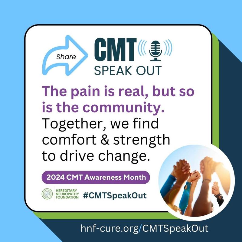 Póster de la campaña de concientización CMT Alce la voz, con mensaje de unidad comunitaria y la etiqueta #CMTSpeakOut.