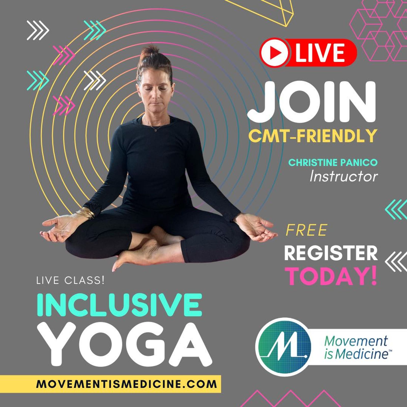 Live yoga class promotion with instructor Christine Panico, Movement is Medicine branding.
