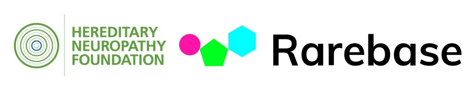 Logotipos de Hereditary Neuropathy Foundation y Rarebase con círculos de colores e ícono de anillos concéntricos.