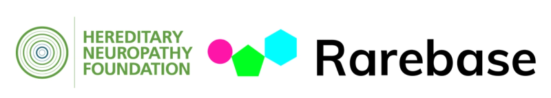 Logotipos de Hereditary Neuropathy Foundation y Rarebase con círculos de colores e ícono de anillos concéntricos.
