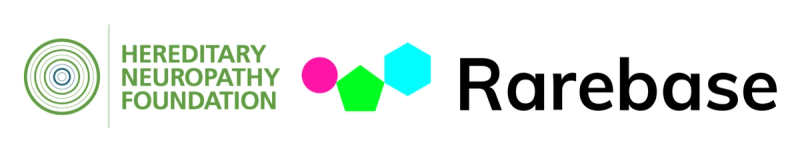 Hereditary Neuropathy Foundation and Rarebase logos with colored circles and concentric rings icon.