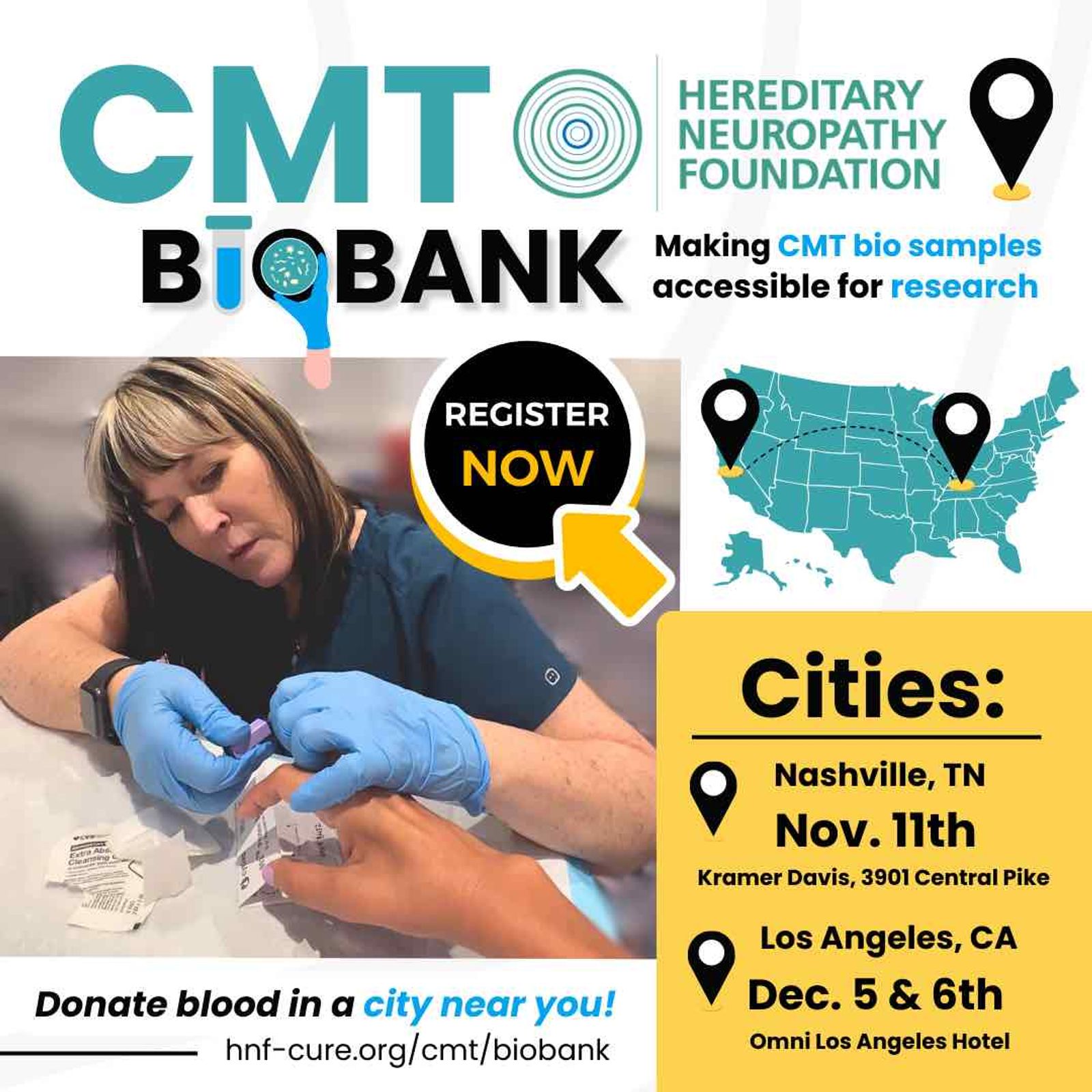 CMT Biobank recruitment flyer for hereditary neuropathy blood donations in Nashville and Los Angeles.