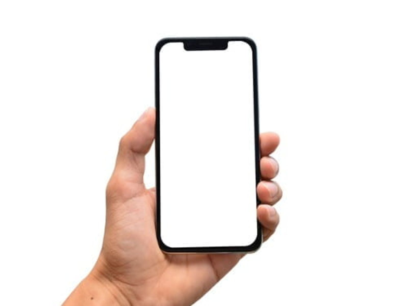 Hand holding smartphone with blank white screen and notch at top