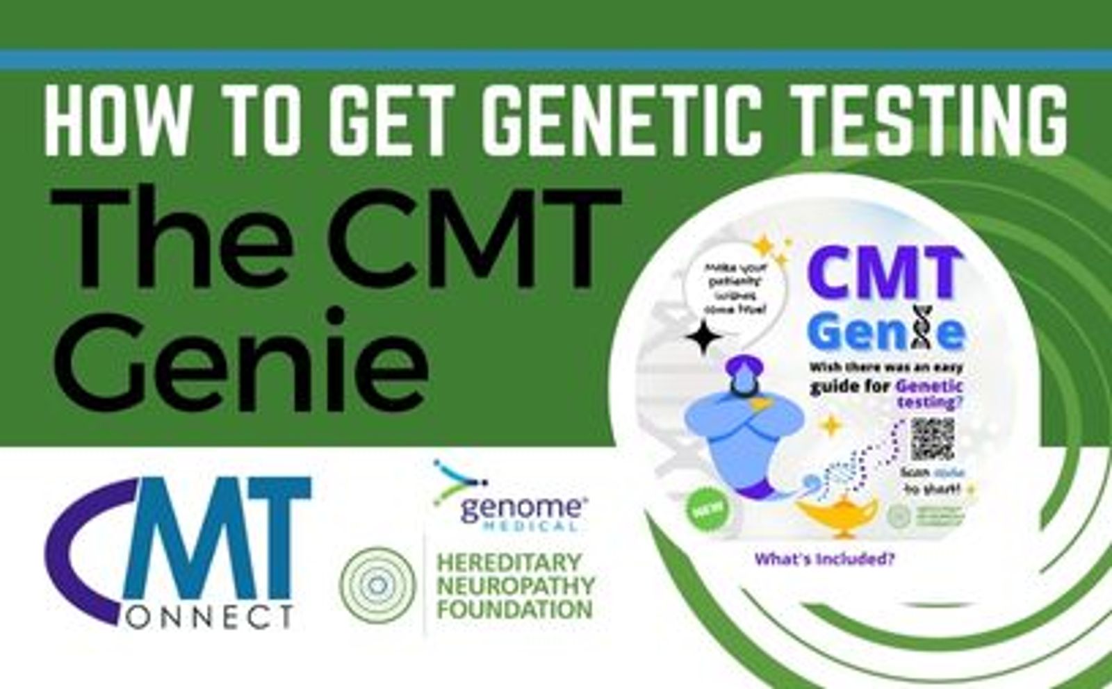 CMT Connect promotional graphic for "The CMT Genie" genetic testing guide with logos and QR code.