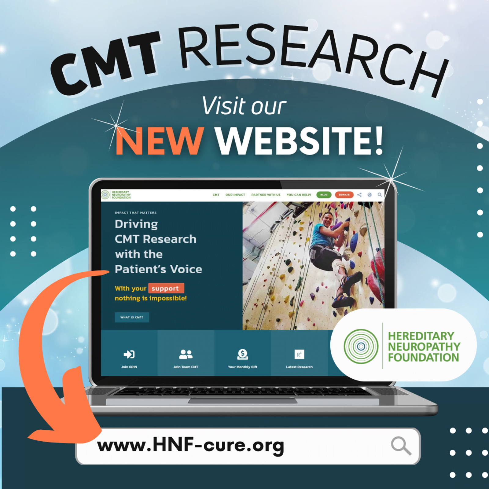 Anuncio del nuevo sitio web de Investigación de CMT mostrado en una computadora portátil con www.HNF-cure.org y el logotipo de Hereditary Neuropathy Foundation.