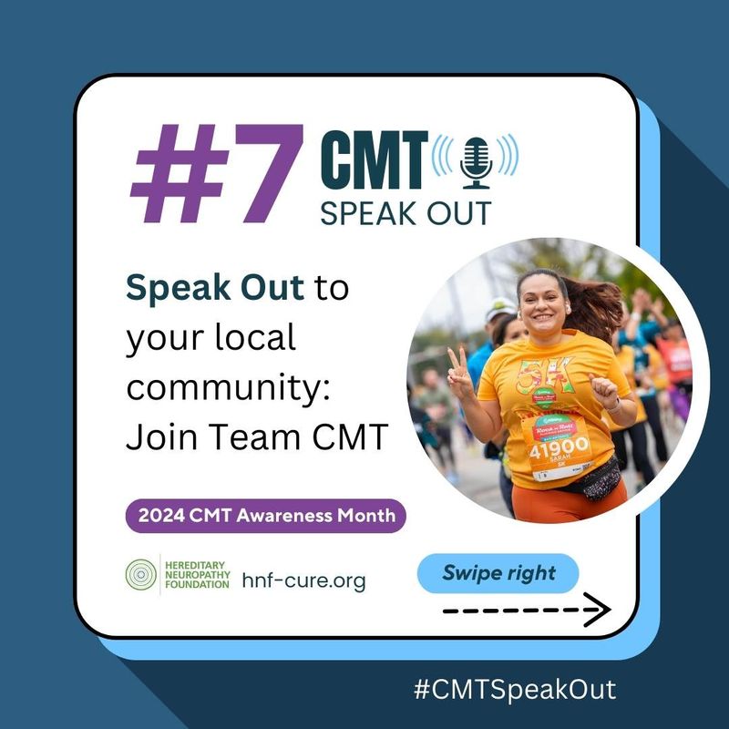 #7 CMT Speak Out campaign card featuring woman in yellow race bib, 2024 CMT Awareness Month