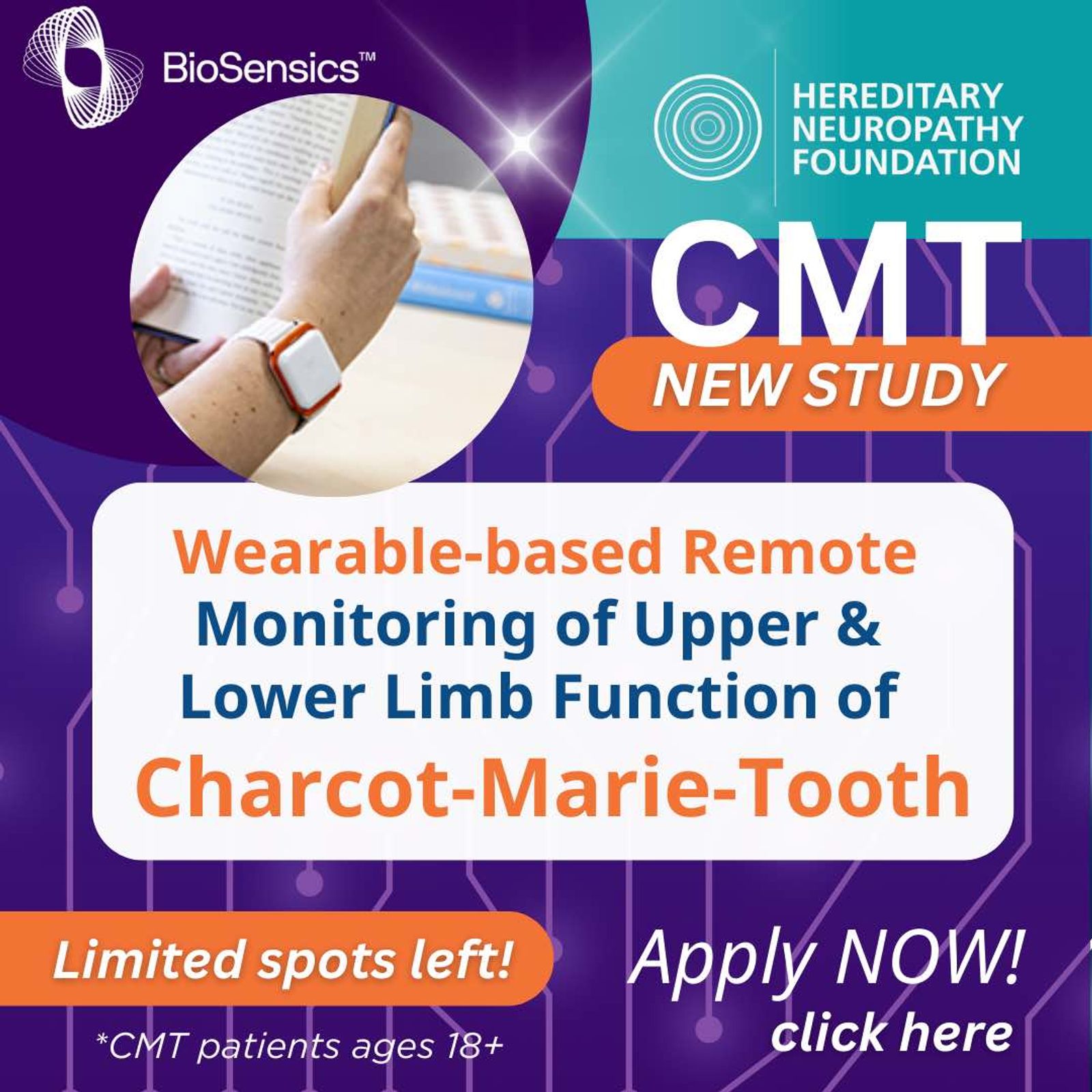 Póster de reclutamiento para el estudio de BioSensics y Hereditary Neuropathy Foundation CMT sobre investigación de monitoreo remoto basado en tecnología portátil.