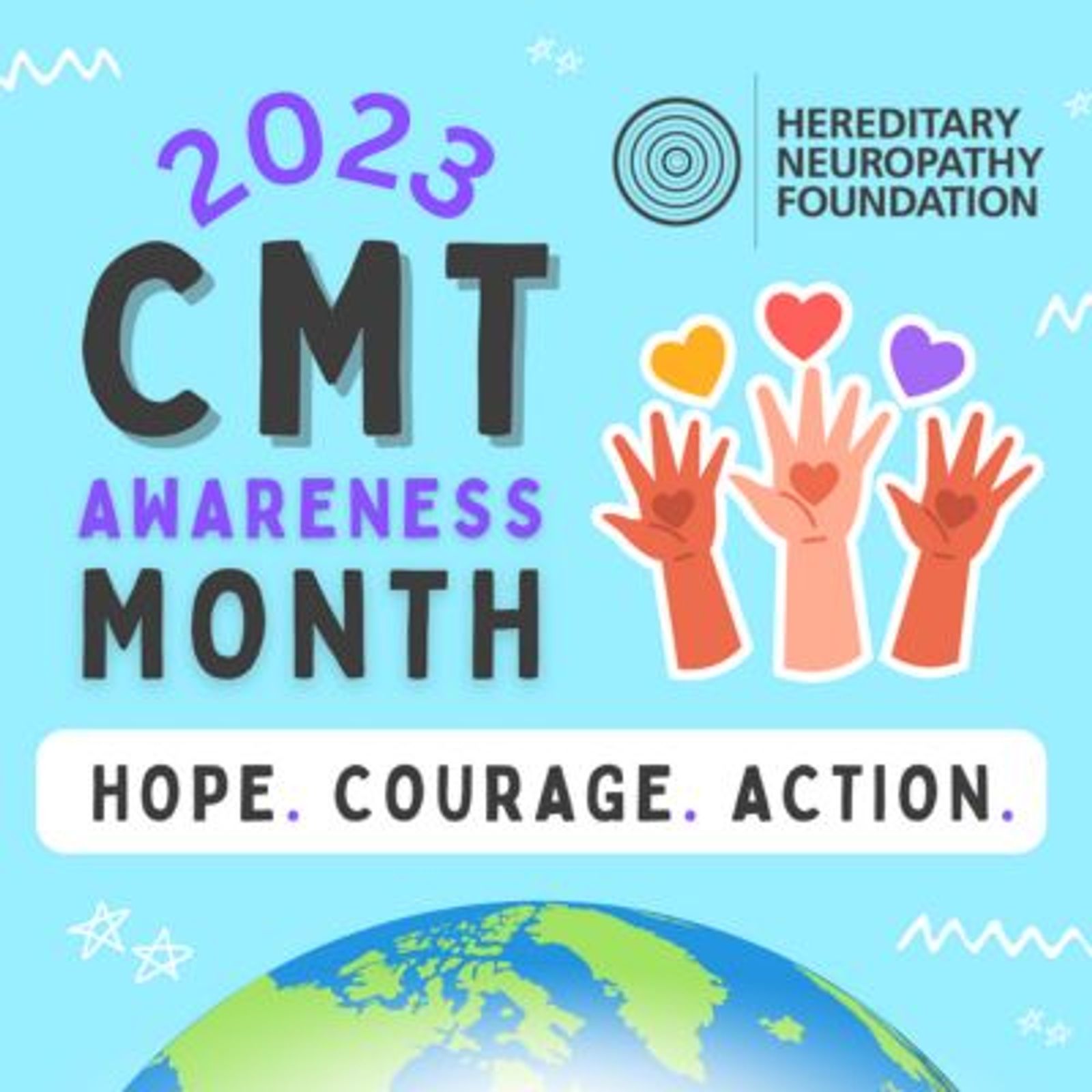 2023 CMT Awareness Month poster by Hereditary Neuropathy Foundation with hands and hearts.
