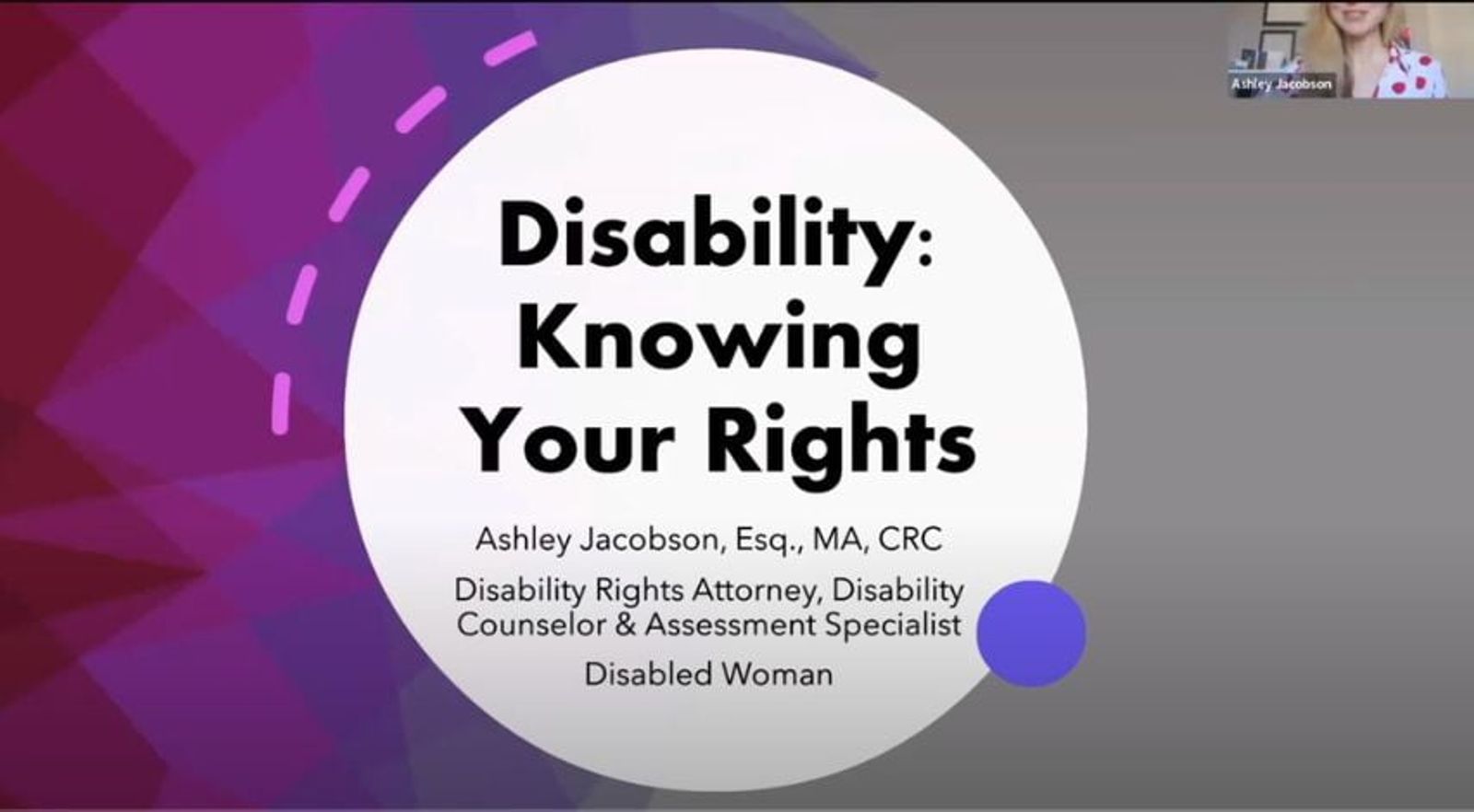 Title slide for presentation "Disability: Knowing Your Rights" by Ashley Jacobson, Esq., MA, CRC, with purple geometric background.