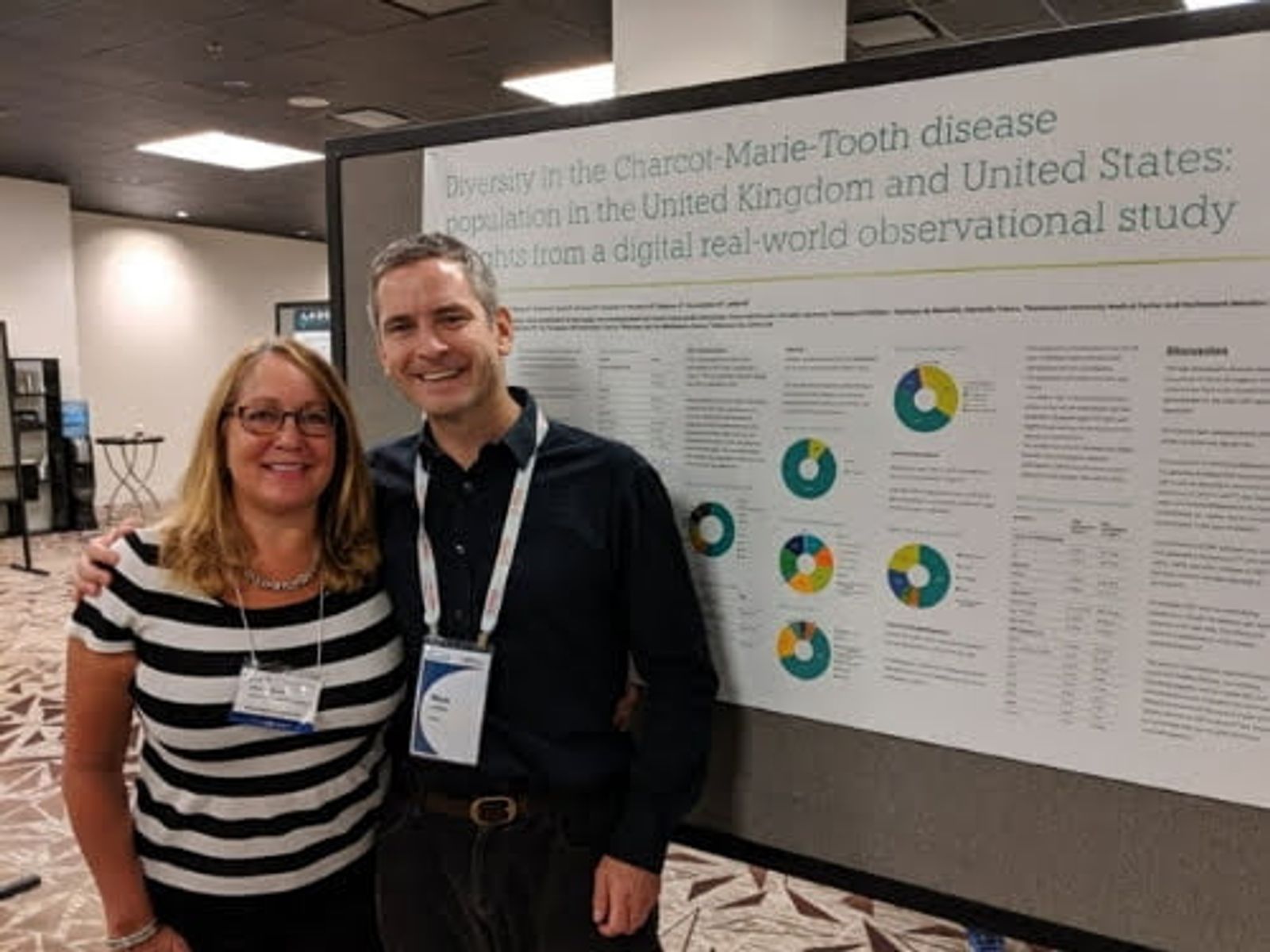Two researchers stand before a research poster on Charcot-Marie-Tooth disease diversity in the United Kingdom and United States.