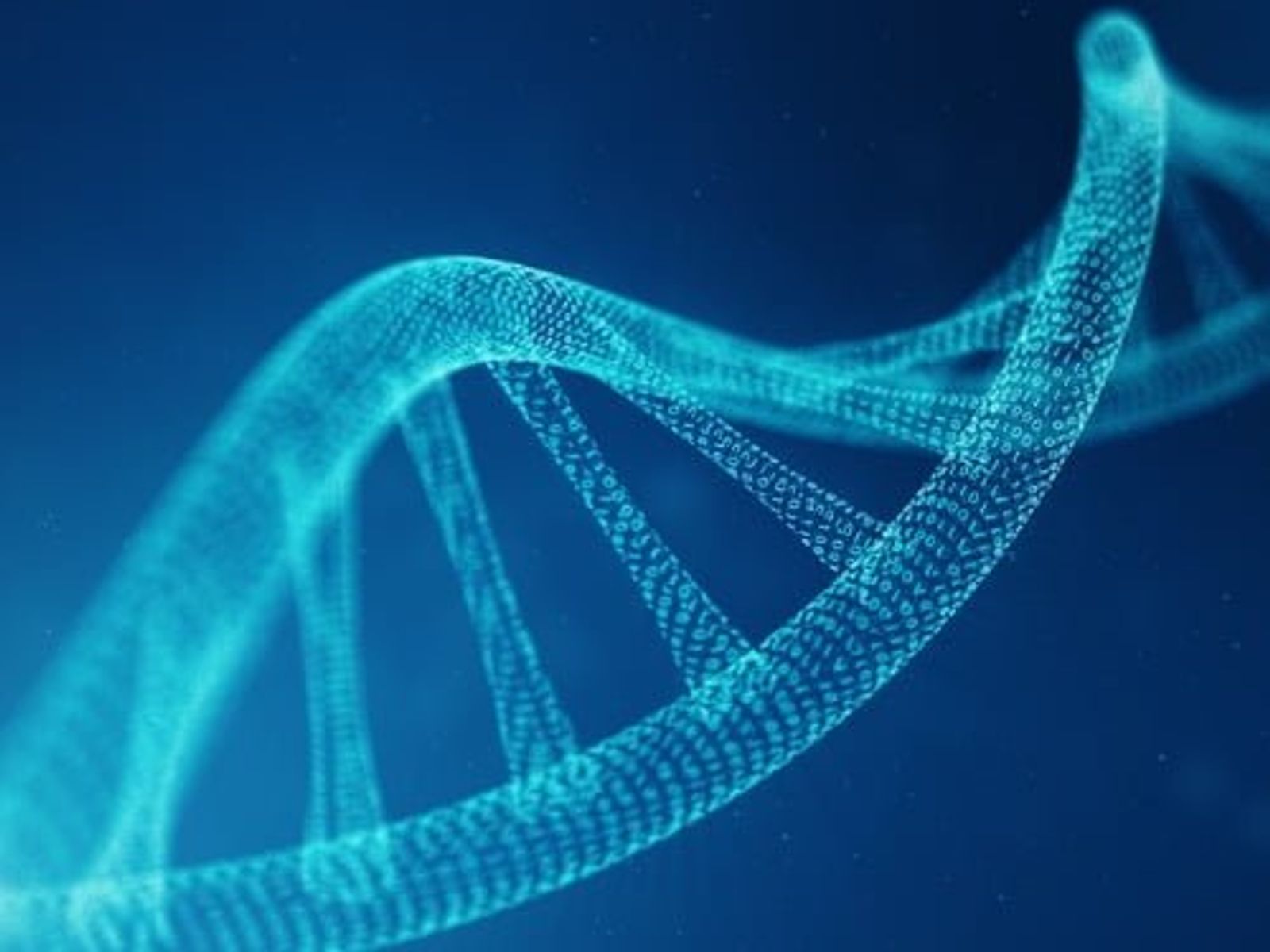 Estructura de doble hélice de ADN turquesa brillante sobre un fondo azul oscuro.