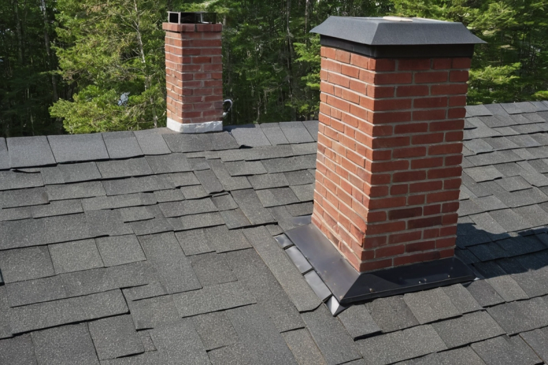 Two brick chimneys on a grey shingle roof among evergreen trees, the larger one with metal flashing at its base