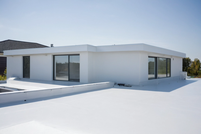 White flat membrane roof on a modern house with a low parapet and large windows under a clear sky