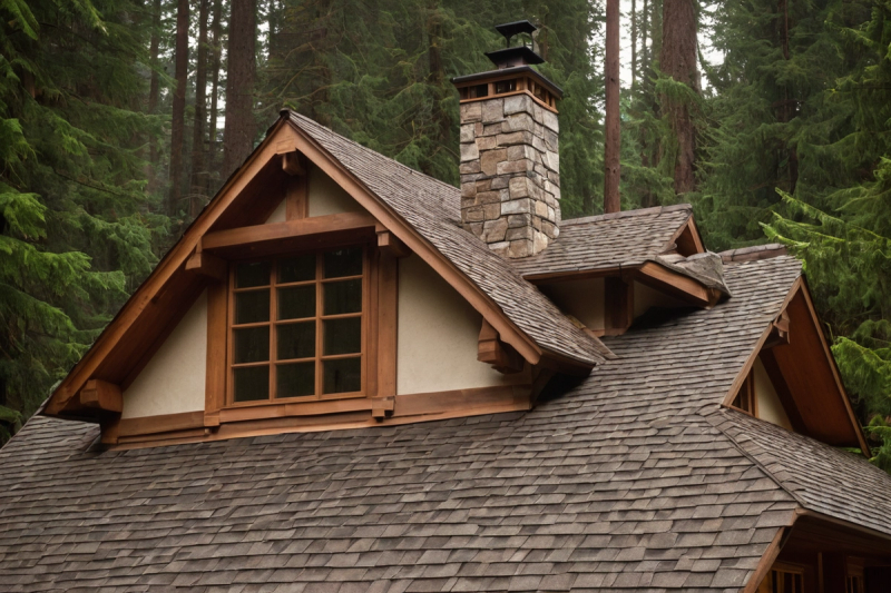 New warm brown cedar shake roof on a craftsman style house with a stone chimney and mature trees
