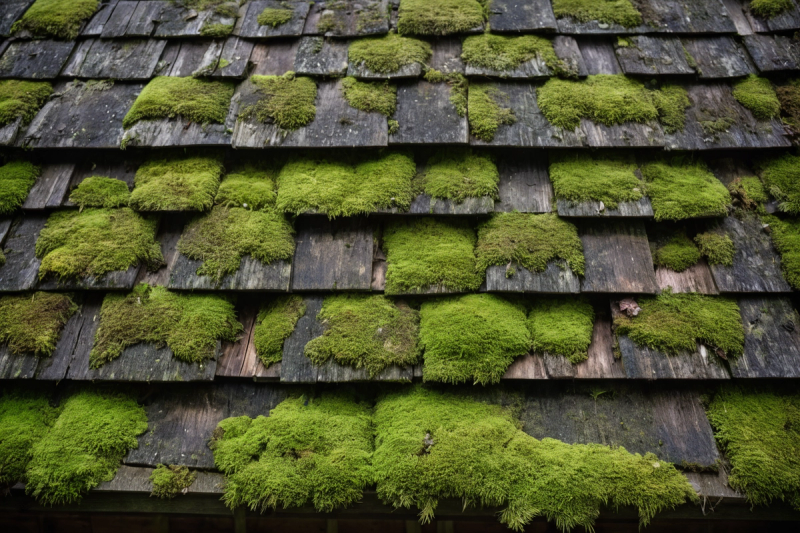 Old cedar shake roof thick with moss and dark staining with worn shake edges on an overcast day