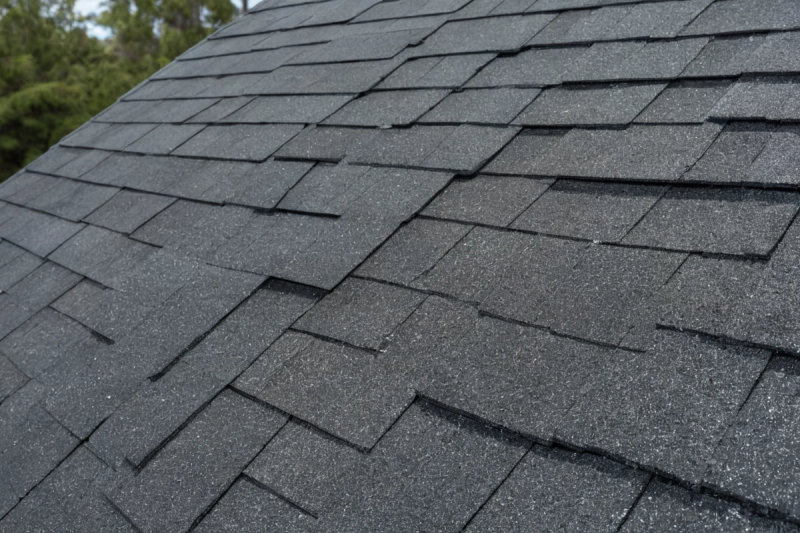 Close view of grey architectural asphalt shingles laid in staggered courses across a roof slope