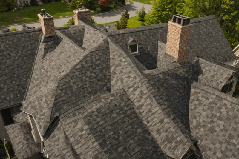 Aerial view of a residential roof with several valleys, dormers and chimneys covered in grey shingles