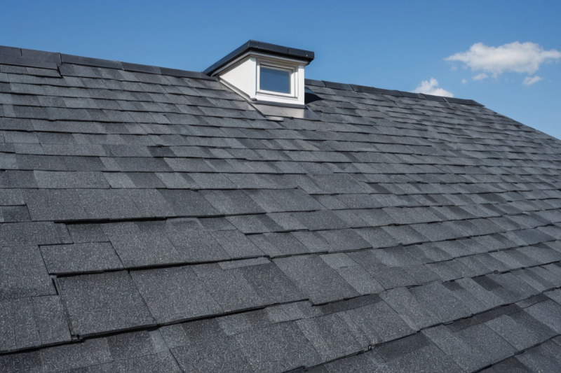 Small roof window set into a grey shingle roof under a blue sky with a few clouds