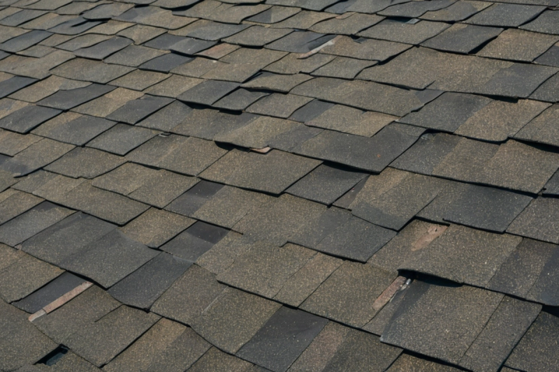 Close view of overlapping grey shingles with a seam running diagonally across the roof slope