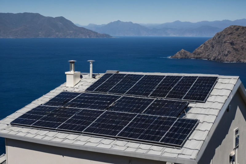 Black solar panels with aluminium frames mounted on a south facing gable roof with distant mountains