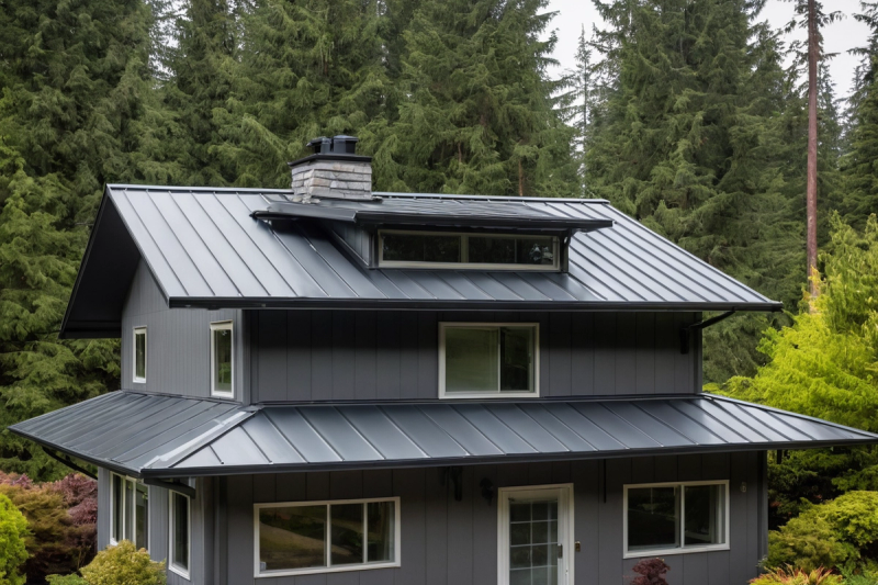 Charcoal standing seam metal roof with straight vertical seams and a clean ridge cap above a landscaped garden