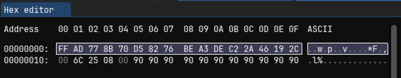 Fig 14. Highlighting encryption key in hex editor
