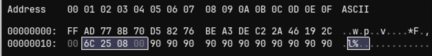 Fig 15. Highlighting size of payload in hex editor