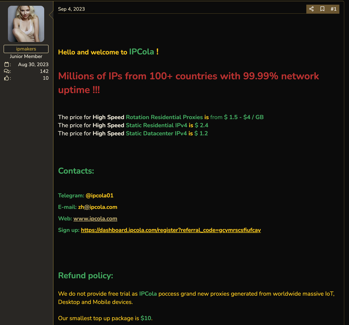 BlackhatWorld thread promoting IPCola