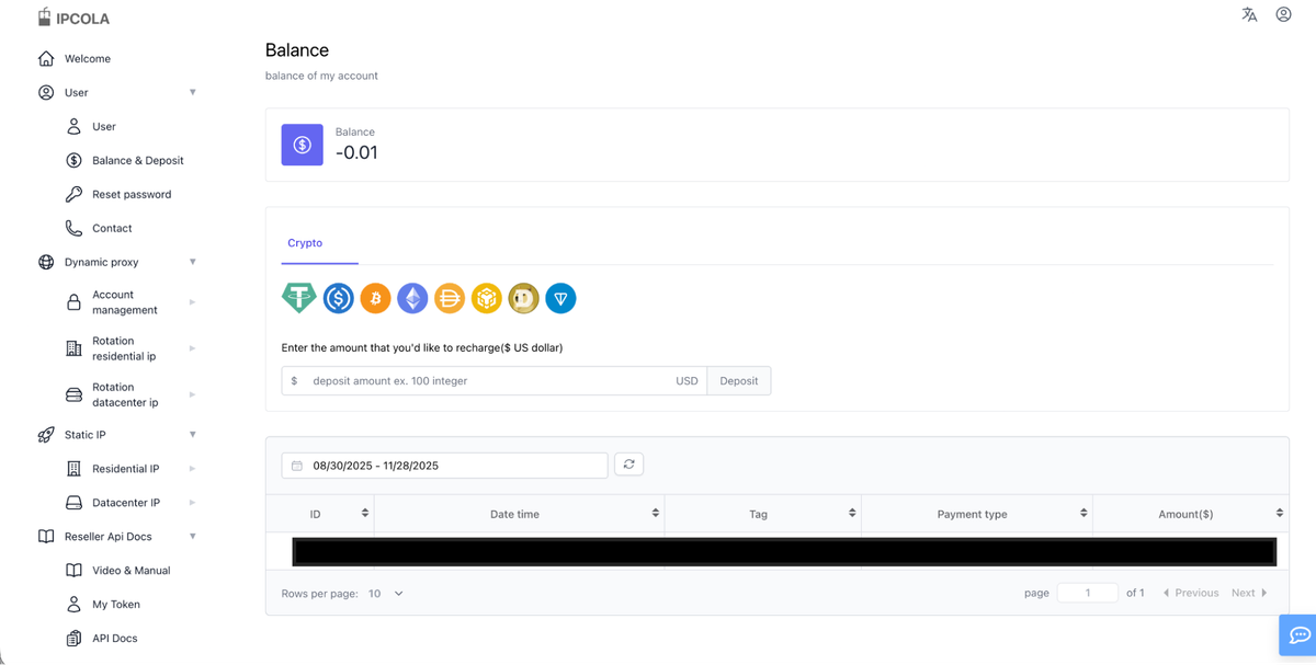 IPCola dashboard and the crypto only topup system.
