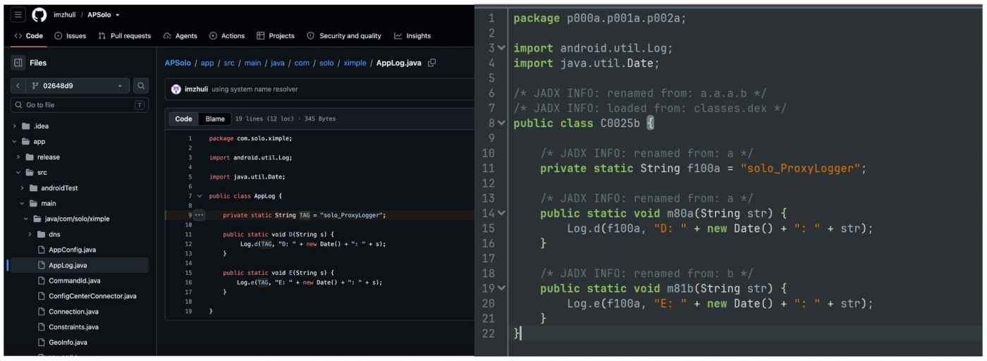 APSolo source code showing the custom solo_ProxyLogger library.
