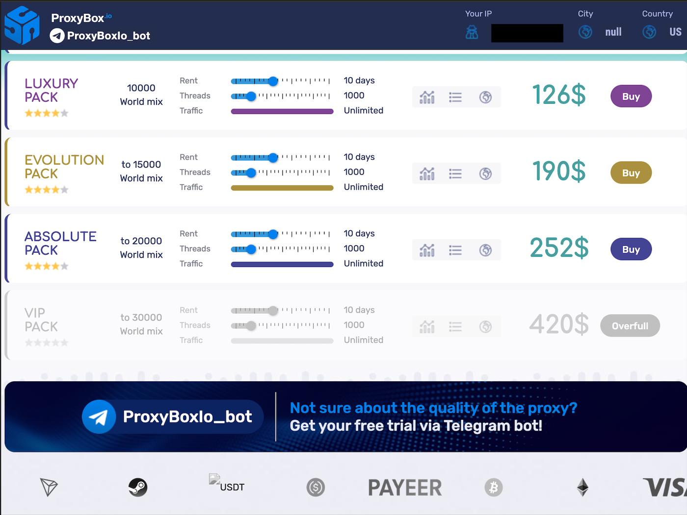 Fig 02. ProxyBox landing page and pricing model.