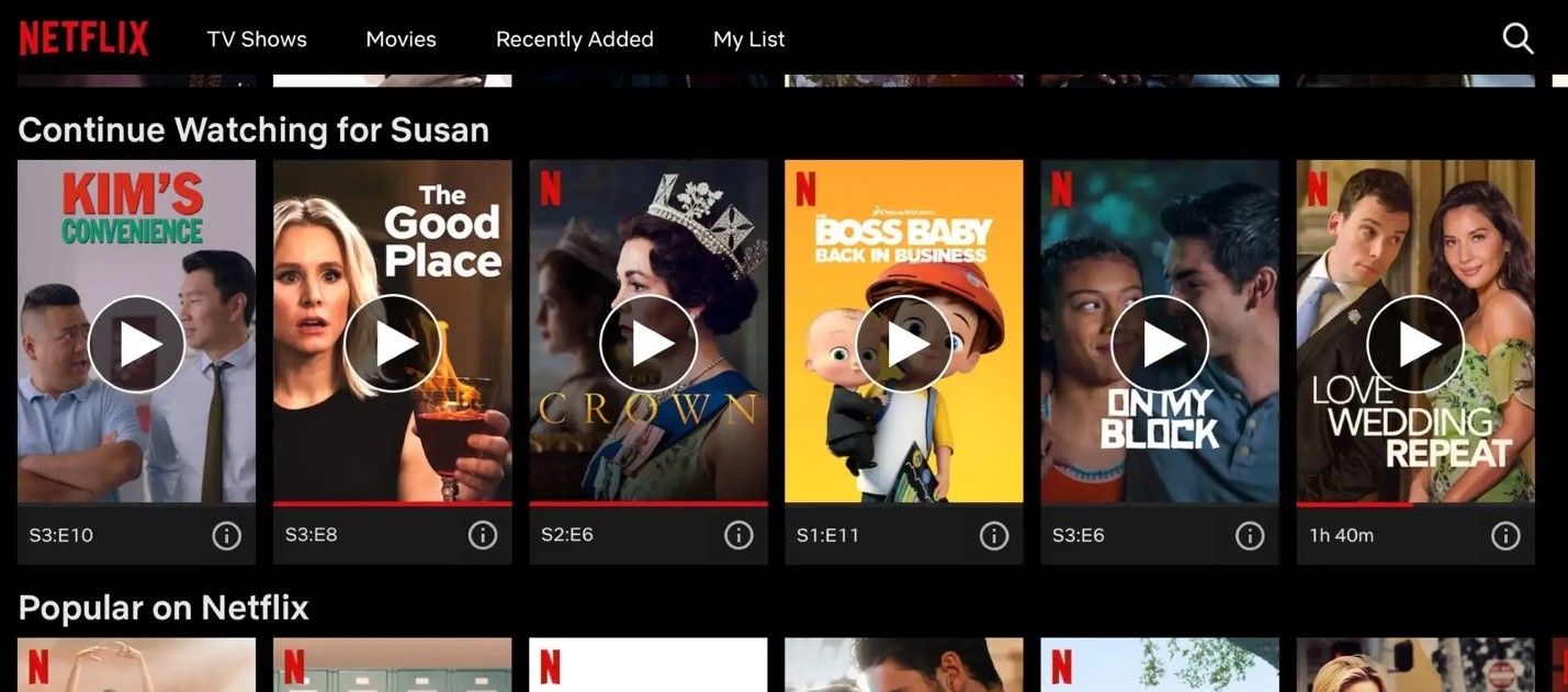 Netflix user journey and experience: Continue watching and Because you watched