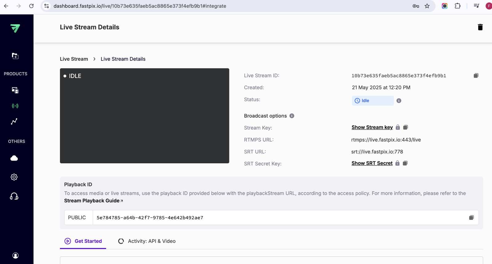 Live stream dashboard detailed stream