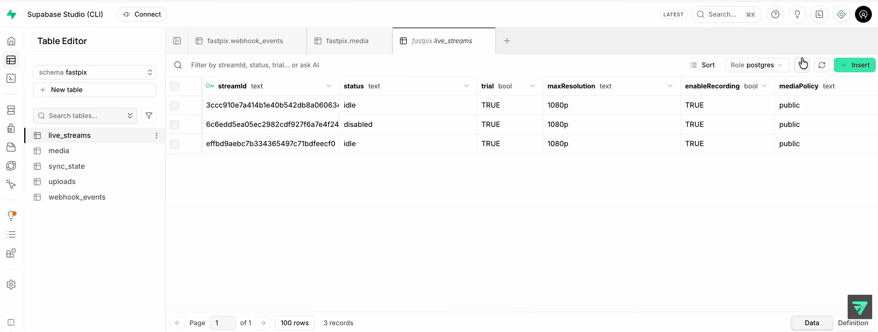 The fastpix schema in Supabase Studio, showing live_streams, media, sync_state, uploads and webhook_events tables